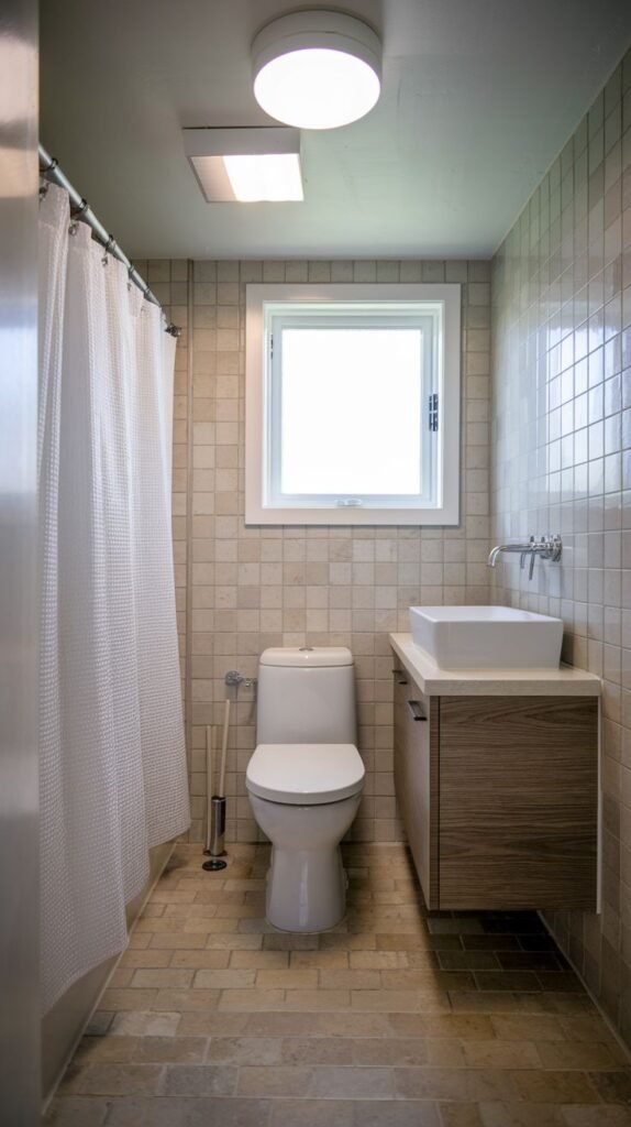 A small, modern bathroom with beige square tiles on both walls and floor. It features a bathtub with a shower curtain, a white vessel sink on a wooden vanity, and a toilet.