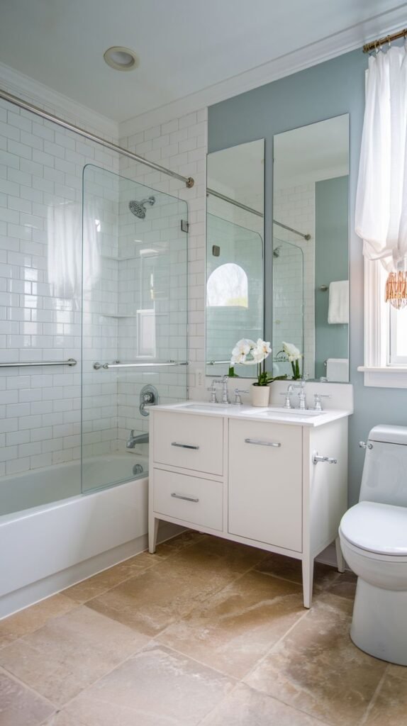 A small, modern bathroom with white subway tiles surrounding the bathtub, which includes a glass shower screen. It has a white double vanity and a toilet. The floor is made of light brown stone tiles.
