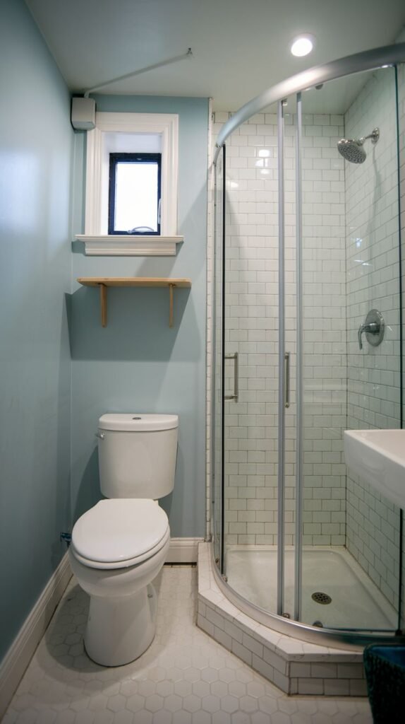 A small, modern bathroom with light blue painted walls and white hexagonal floor tiles. It features a corner glass shower enclosure, a toilet, and a small wooden shelf below a window.