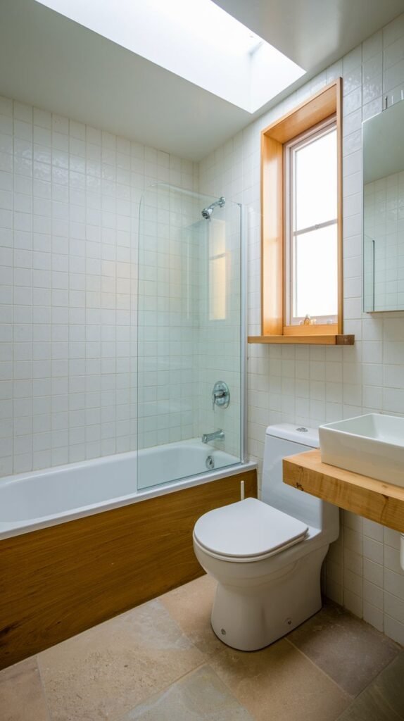 A small, modern bathroom with white square wall tiles and light brown floor tiles. It includes a bathtub with a glass shower screen, a wooden-framed window, and a floating wooden counter with a vessel sink.