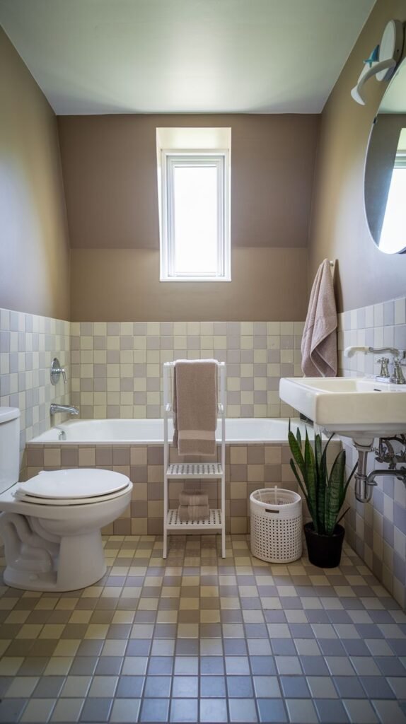 A small, modern bathroom with two-tone square tiles on the lower walls and matching floor tiles. It contains a bathtub, a toilet, and a wall-mounted sink with visible plumbing.