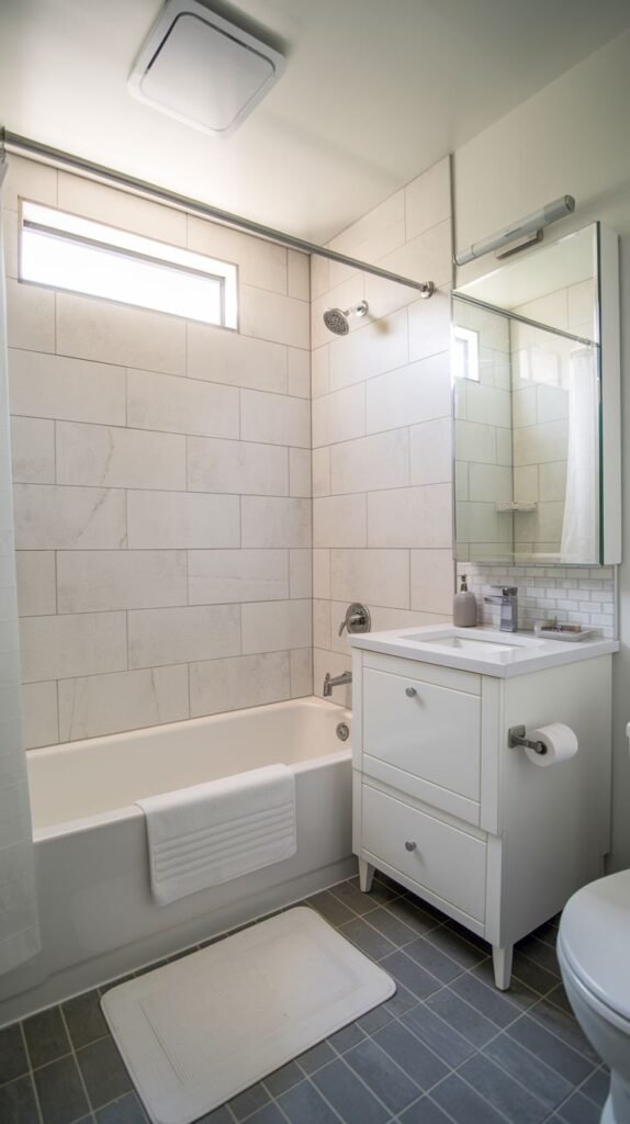 A small, modern bathroom equipped with large white rectangular wall tiles, a bathtub with a shower, and a white vanity with two drawers. A toilet is located nearby, and the floor is dark grey.