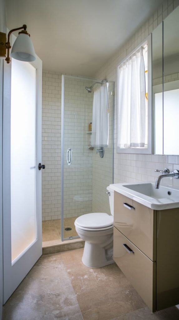 A small, modern bathroom with white subway tiles in the shower area, a glass shower enclosure, and a tan floating vanity. The floor is covered in light brown stone tiles.
