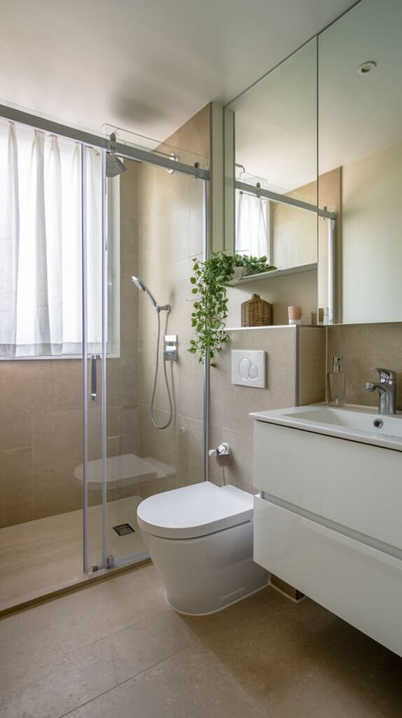 A small, modern bathroom with beige tiled walls and floor. It includes a walk-in glass shower, a wall-mounted toilet, and a white floating vanity with a rectangular sink.