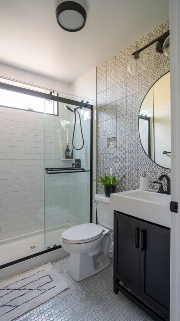 A small, modern bathroom featuring a white subway tiled shower and a patterned accent wall. It is furnished with a black floating vanity, a round mirror, and a toilet, all set on a small hexagon-tiled floor.