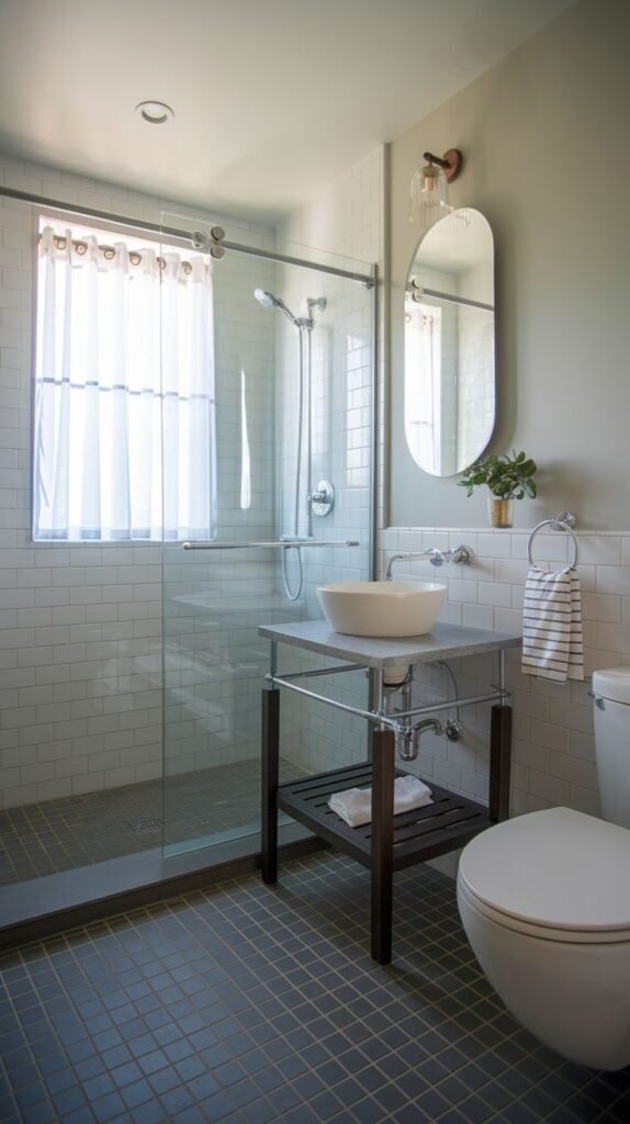 A small, modern bathroom with white subway tiles, a glass shower enclosure, and a unique industrial-style vanity with a vessel sink. A toilet is positioned conveniently next to the vanity.