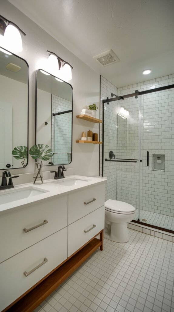 A small, modern bathroom with white square floor tiles and white subway tiles in the walk-in shower. It features a double vanity, a glass sliding shower door, and a toilet.