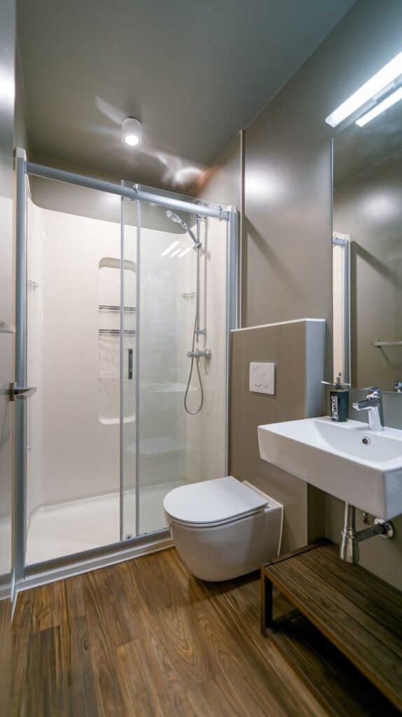 A small, modern bathroom with wood-look flooring and beige walls. It contains a pre-fabricated shower enclosure, a wall-mounted toilet, and a white wall-mounted sink.