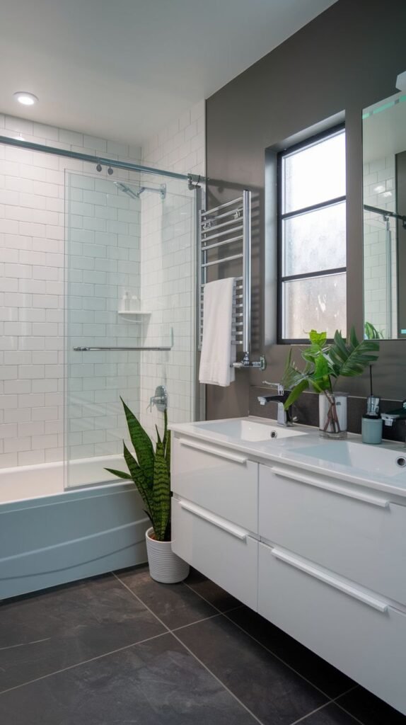 A small, modern bathroom with white subway tiles in the shower-bathtub area and dark grey floor tiles. It features a glass shower screen, a double vanity, and a toilet.