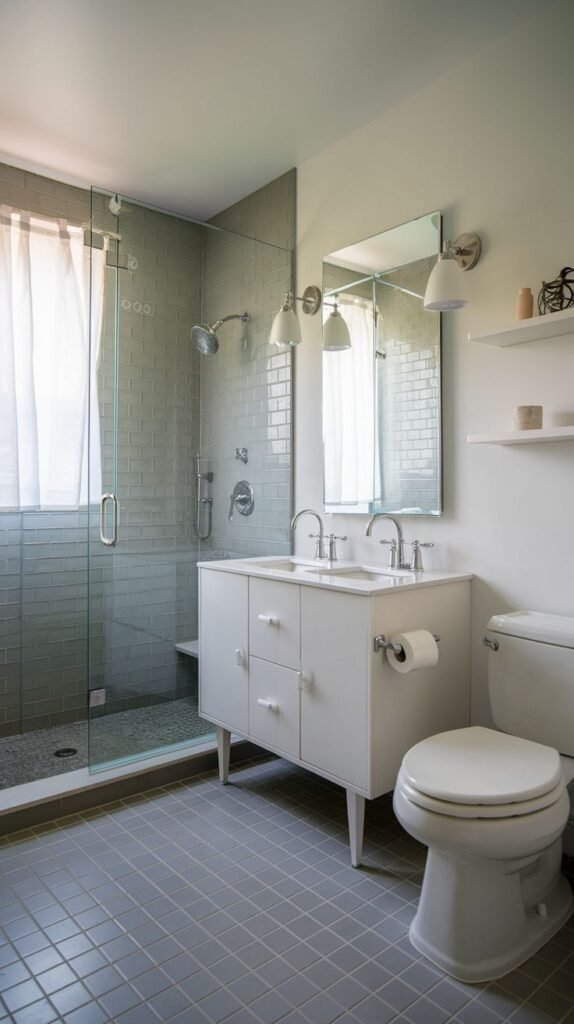 A small, modern bathroom designed with light grey subway tiles in the shower and matching grey floor tiles. It contains a white double vanity, a toilet, and a walk-in glass shower enclosure.