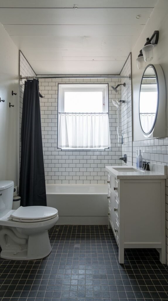 A small, modern bathroom with white subway tiles, a black shower curtain over a bathtub, a white vanity, and a toilet. The floor is covered in dark square tiles.