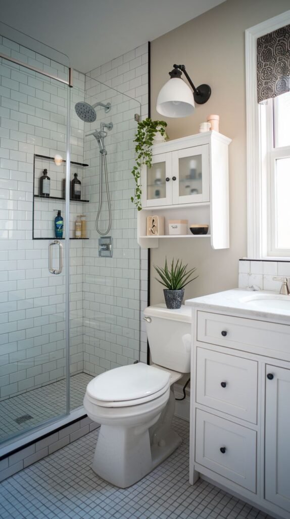 A small, modern bathroom featuring white subway tiles in the glass-enclosed shower. It includes a white vanity, an overhead medicine cabinet, and a toilet.