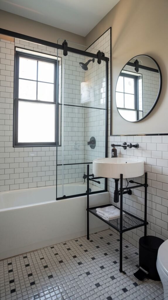 A small, modern bathroom with white subway tiles and a distinctive black and white patterned floor. It features a bathtub with a black-framed glass screen, an industrial-style sink on a black frame, and a toilet.