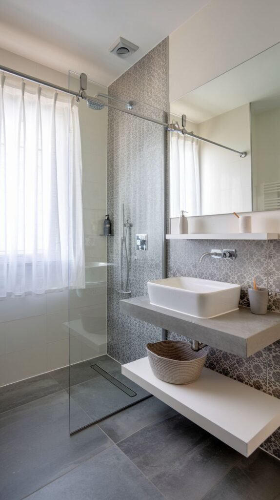 A small, modern bathroom with patterned accent tiles and grey floor tiles. It features a walk-in glass shower, a white floating counter with a vessel sink, and a wall-mounted toilet.