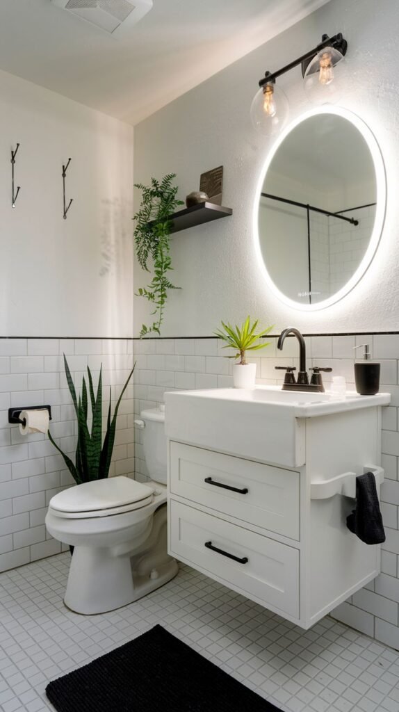 A small, modern bathroom featuring a white floating vanity with black handles, a round illuminated mirror, and a toilet. The walls are white with a black accent line, and the shower area has white subway tiles. A snake plant and another small plant add greenery.