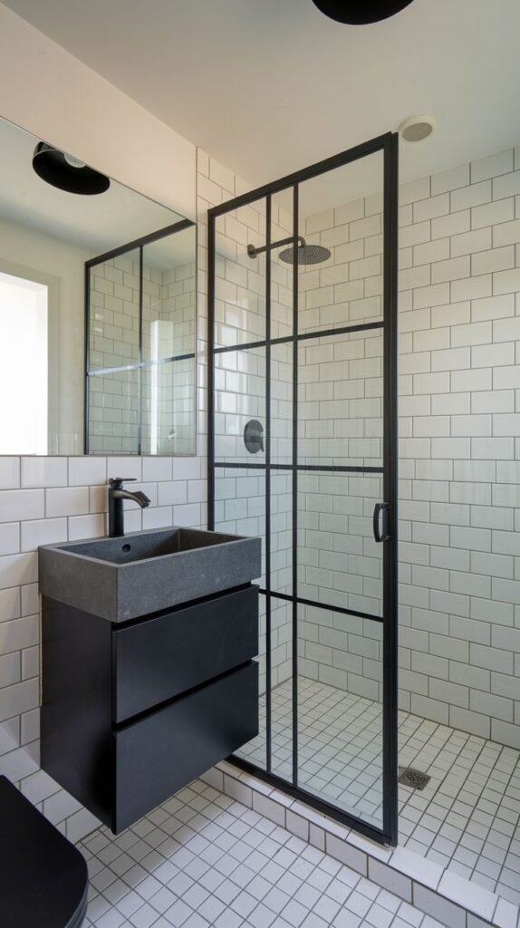 A small, modern bathroom with white subway tiles throughout, a black floating vanity with a stone sink, and a striking black-framed glass shower door. The floor is composed of white square tiles.
