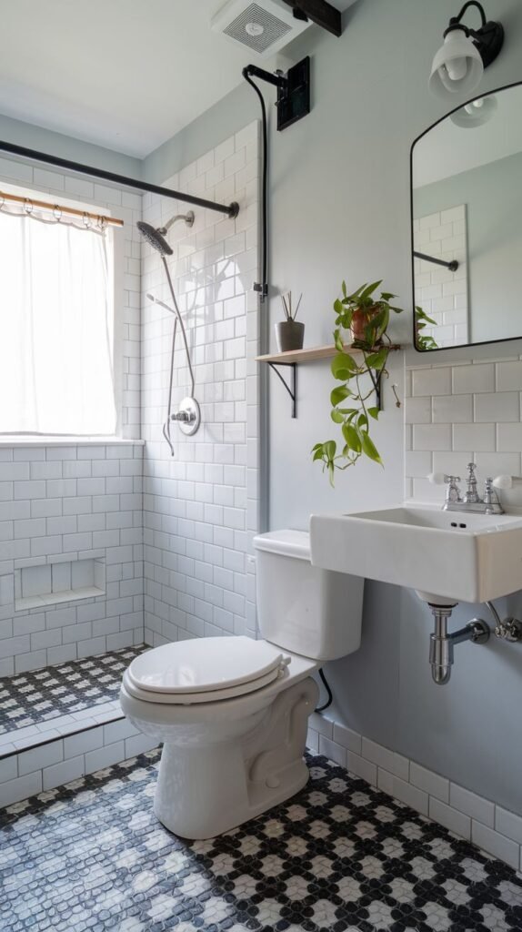 A small, modern bathroom featuring white subway tiles on the walls and a distinct black and white patterned mosaic tile floor in both the main area and shower. It has a wall-mounted white sink and a toilet.