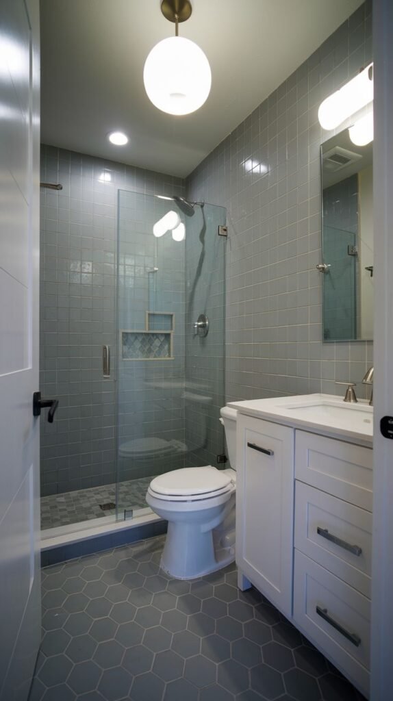A small, modern bathroom with grey square tiles on the shower walls and grey hexagonal floor tiles. It is equipped with a glass walk-in shower, a white vanity, and a toilet.