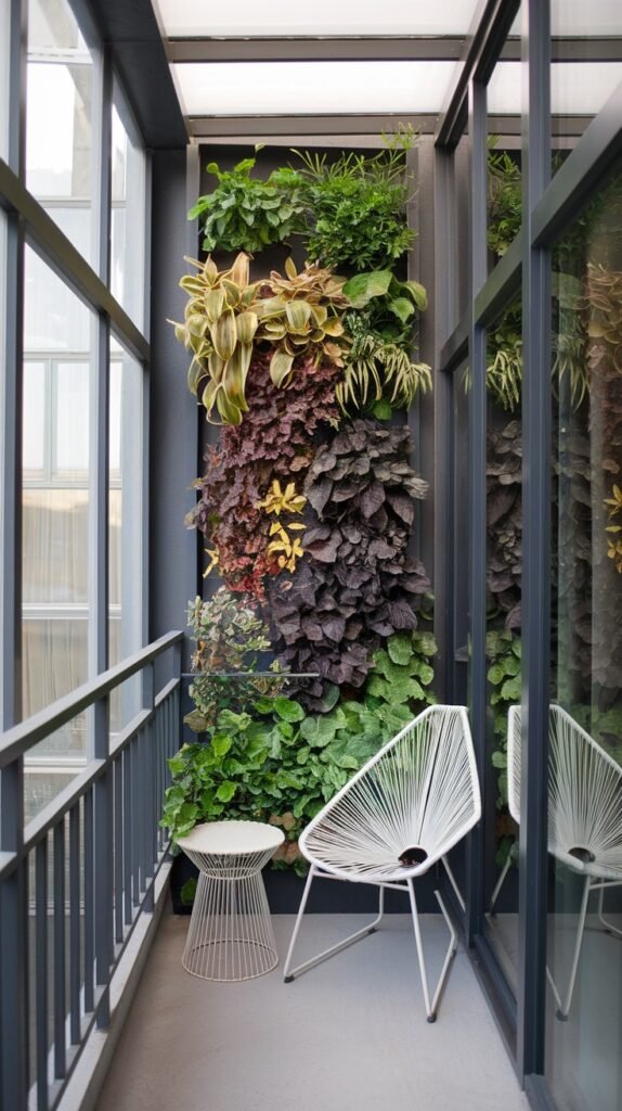 A modern and narrow closed balcony featuring a prominent living wall of diverse plants, with a white chair and small side table on a light-colored floor.