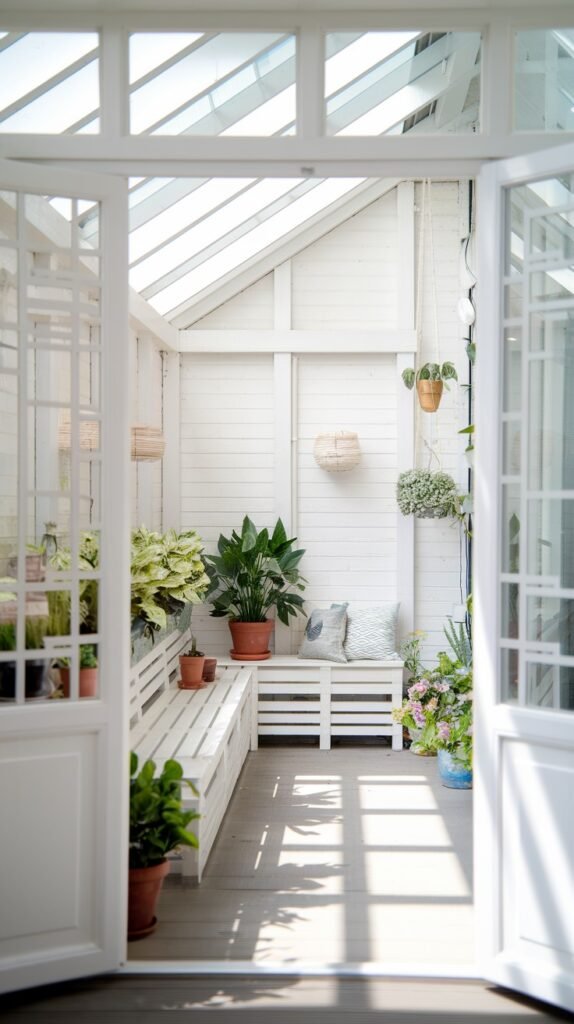 A bright and airy, white-painted closed balcony or sunroom with a pitched glass roof, furnished with wooden benches, a cushion, and an abundance of potted plants, feeling like a serene, wide narrow garden room.