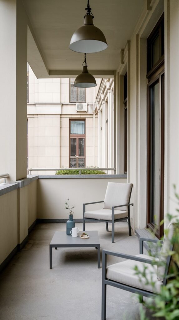 A traditional, narrow balcony with a concrete floor, featuring two upholstered lounge chairs and a coffee table, with large pendant lights hanging from the partially closed overhead structure.
