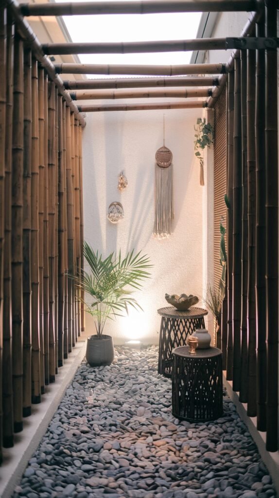 A unique, narrow, path-like closed balcony or outdoor corridor with a pebble floor, lined with vertical bamboo panels, featuring two small decorative tables and a potted plant.