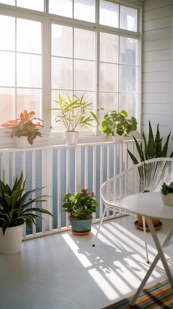 A sunlit, narrow closed balcony with white wooden paneling and large windows, decorated with numerous potted plants and a white outdoor chair with a small table.