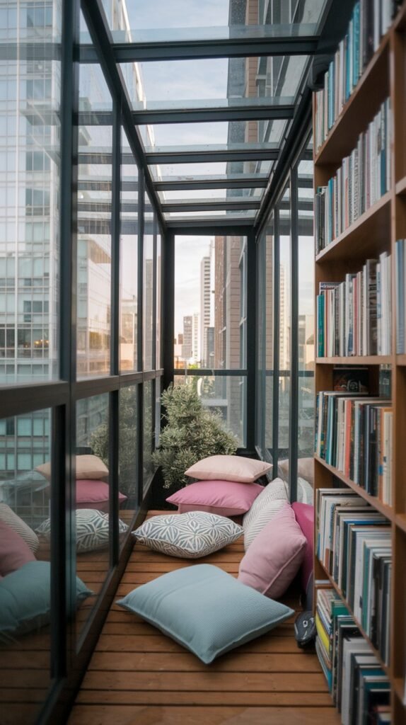 A narrow closed balcony transformed into a cozy reading nook, featuring a built-in wooden bookshelf filled with books and a floor covered with various soft pillows, all enclosed by glass panels.