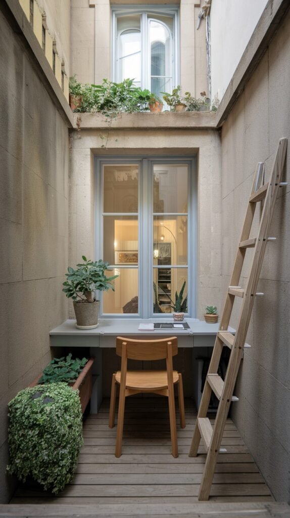 A small, narrow outdoor space that feels closed in by tall stone walls, functioning as a balcony-style outdoor office with a wooden desk, chair, and potted plants, accessed by a wooden ladder.
