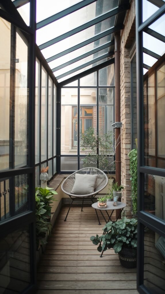 A tranquil, narrow closed balcony with a glass roof and large glass windows, furnished with a single modern chair, a small side table, and several potted plants, providing a peaceful retreat.