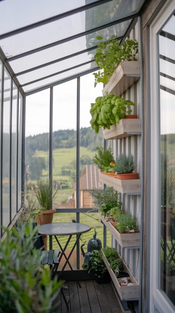 A practical, narrow closed balcony converted into a green space or greenhouse, with vertical shelves holding various potted herbs and plants, and a small metal table and chair, overlooking a scenic landscape.