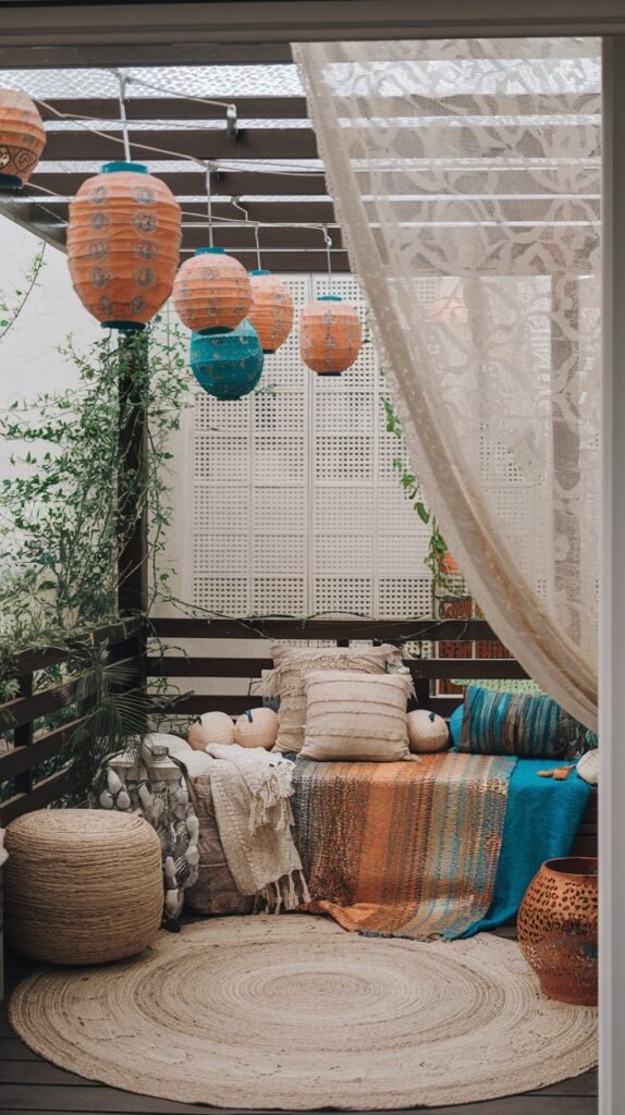 A cozy, bohemian-style, narrow balcony with a wooden deck, extensively decorated with colorful textiles, cushions, and string lights with paper lanterns, making it a comfortable partially closed balcony lounge area.