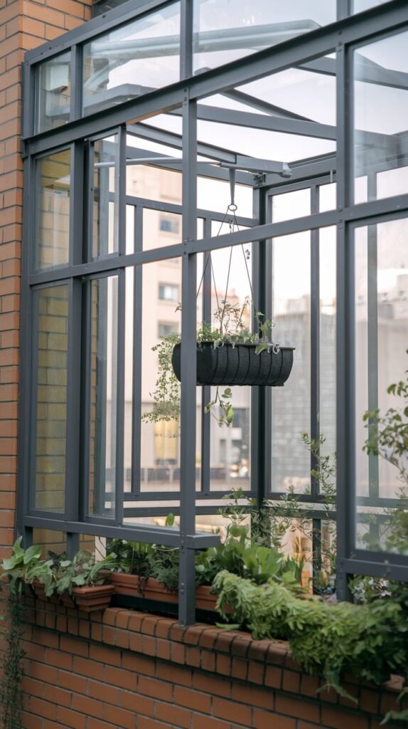 A close-up view of a narrow architectural element, appearing to be part of a closed balcony or sunroom, with a dark metal and glass frame structure extending from a brick building and holding a hanging planter with green plants.