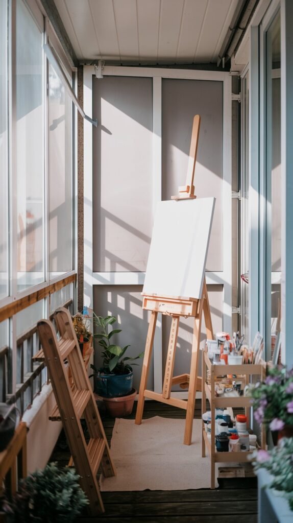 A sunlit, narrow closed balcony transformed into an art studio, featuring an easel with a blank canvas, art supplies, and several potted plants.