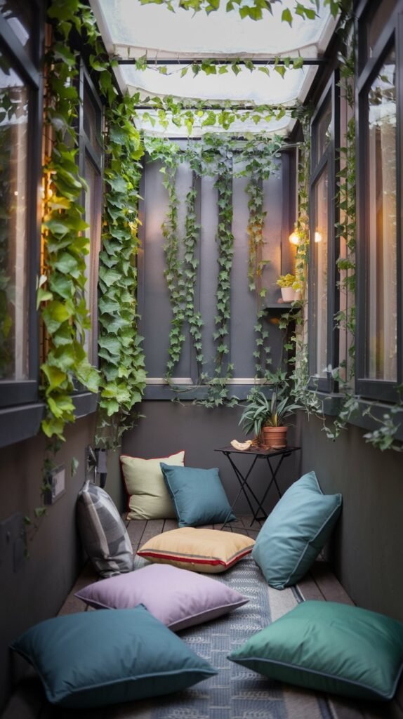 A very narrow closed balcony space with dark frames, glass panels, and a translucent roof, adorned with climbing vines, string lights, and a multitude of colorful floor cushions creating a comfortable lounge area.