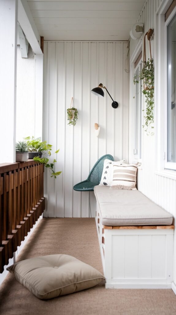 A clean, narrow balcony with white wooden paneling and a wooden railing, featuring a built-in bench with a cushion, a floor cushion, and hanging plants, giving it a partially closed balcony feel.