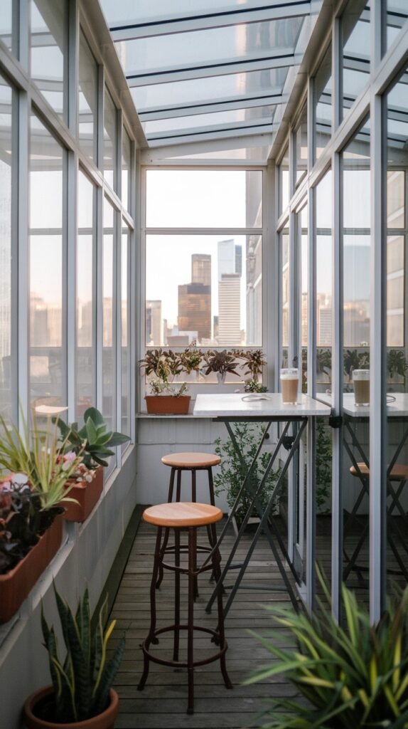 A long, narrow closed balcony with glass walls and a glass roof, furnished with a high table and two bar stools, surrounded by potted plants, and offering a distant city view.