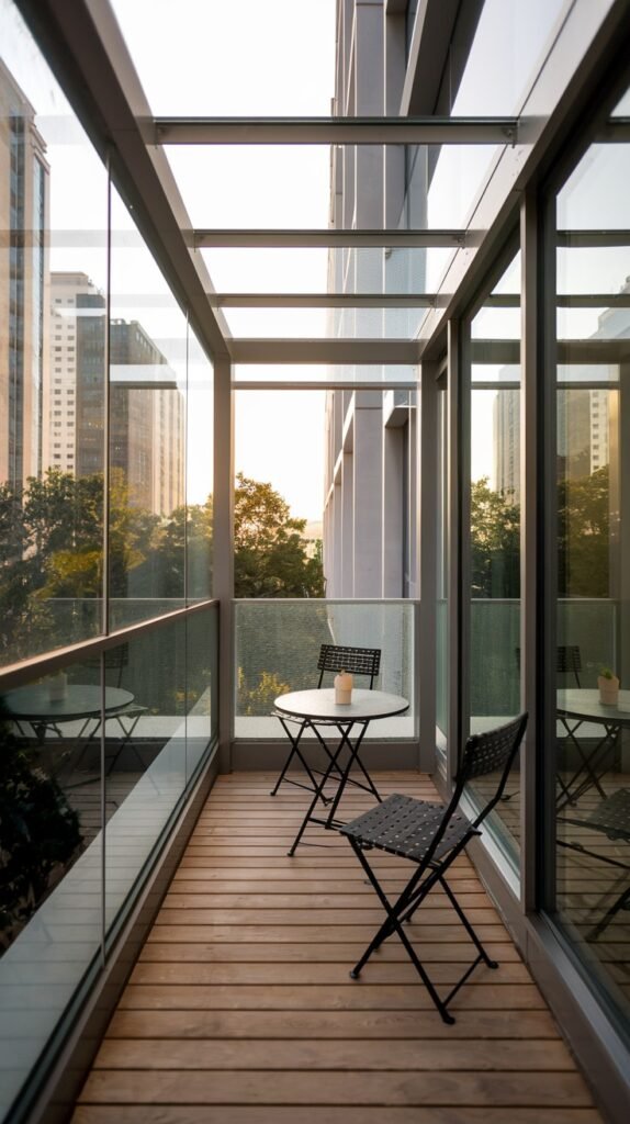 A modern, narrow closed balcony with glass walls and a wooden deck, featuring a small round table and two black chairs, providing a minimalist outdoor seating area with city views.