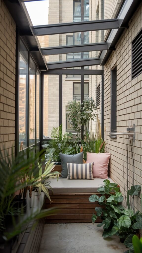 A inviting, narrow closed balcony with brick walls and a glass roof, featuring a built-in bench with cushions and various potted plants, creating a cozy green space.