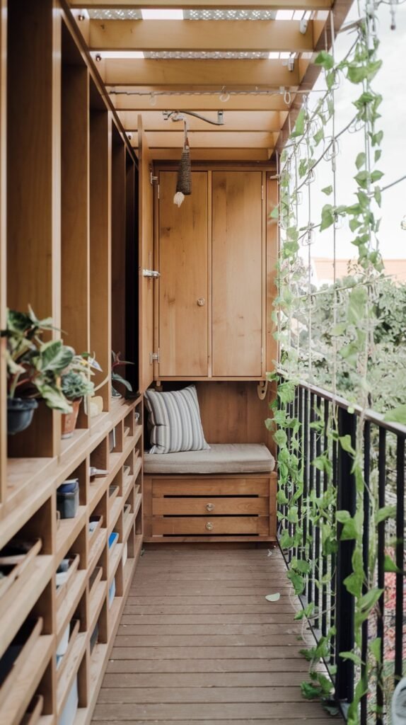 A narrow, wood-paneled and shelved closed balcony with a built-in cushioned bench and hanging vines.