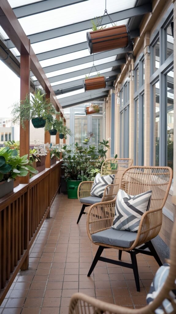 A long, narrow balcony with a tiled floor and an open wooden slat roof structure, featuring two rattan chairs with cushions and various potted plants along the railing, making it a partially closed balcony space.