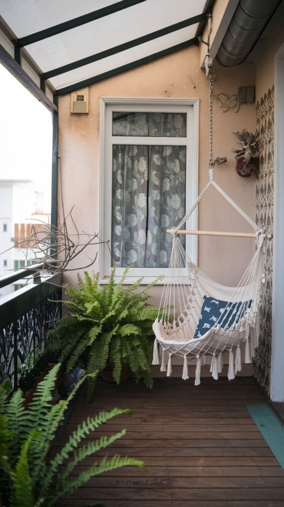 A cozy, narrow balcony with a wooden floor, featuring a white hanging hammock chair with a blue pillow, and large green ferns, demonstrating a partially closed balcony feel due to the overhead structure.