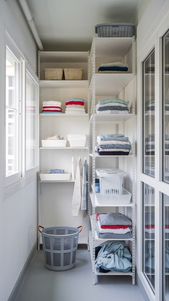 A functional, very narrow closed balcony space converted into a laundry and storage area, with white shelving units filled with folded clothes, baskets, and laundry bins.