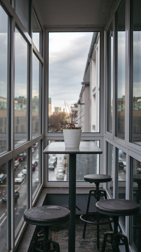 A contemporary, narrow closed balcony with extensive glass windows, furnished with a tall rectangular table and two dark bar stools, offering a view of a city street below.