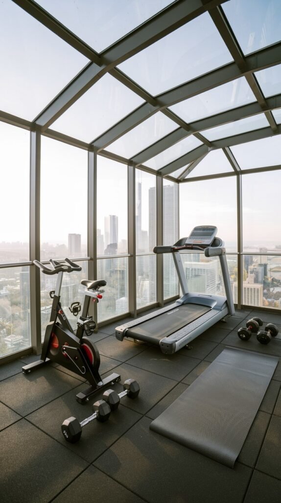 A spacious but narrow home gym setup within a glass-roofed and glass-walled closed balcony or sunroom, featuring a treadmill, an exercise bike, and dumbbells on a dark mat, overlooking a cityscape.