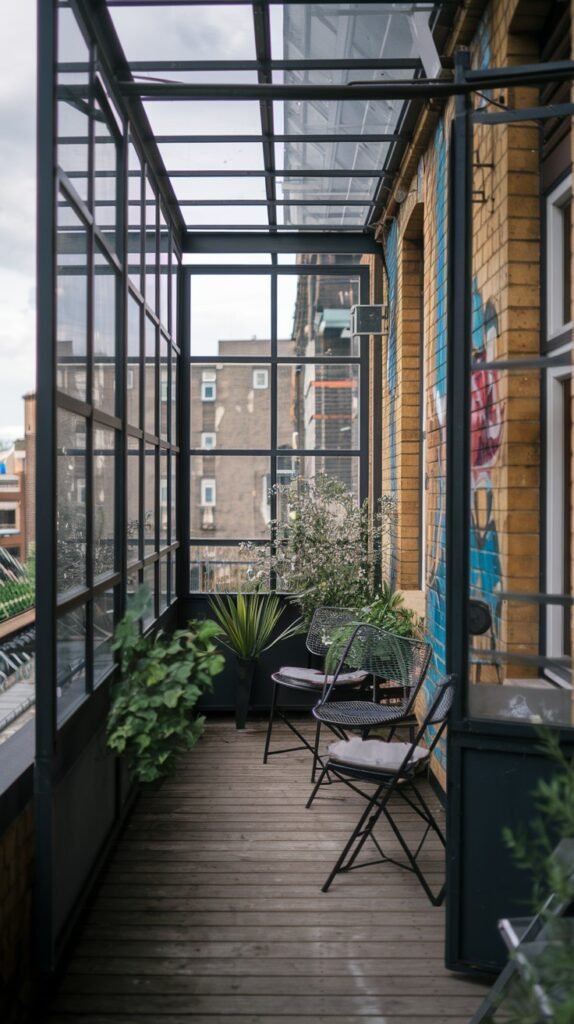 A narrow closed balcony with black framed glass panels, two metal chairs with cushions, and several potted plants, against a background of a brick wall with graffiti.