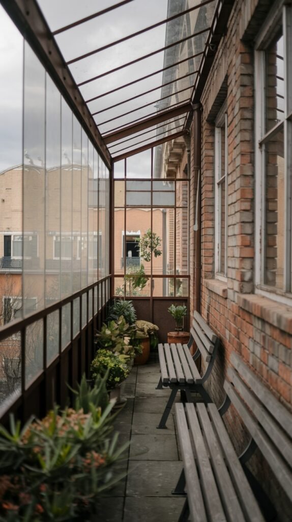 A long, narrow closed balcony space with a glass roof and brick wall, featuring two wooden benches and numerous potted plants along the railing, creating a serene outdoor seating area.