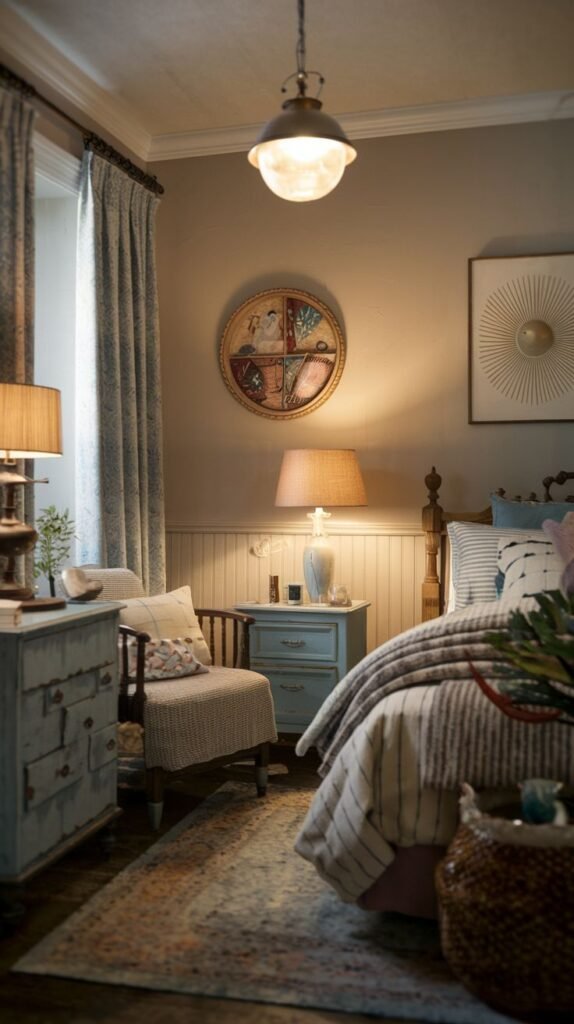 A charming Apartment One Bedroom with a wooden bed frame, patterned bedding, light blue nightstands, a patterned armchair, and a circular wall hanging.