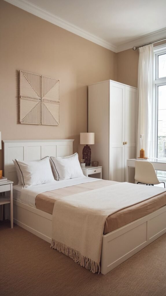 A bright Apartment One Bedroom with a white bed, a white wardrobe, a desk with a chair, and a distinctive square woven wall art piece.