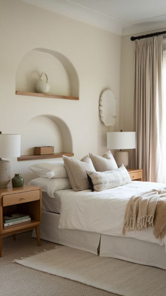 A charming Apartment One Bedroom featuring a white bed with wooden nightstands, and unique arched wall niches with wooden shelves above the bed.
